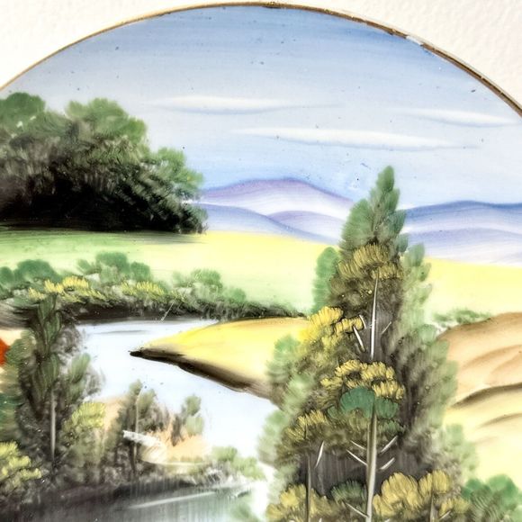 7” Hand Painted Hitomi Plate Scenery Landscape Japan Kitchen Decor Dining - Picture 3 of 9